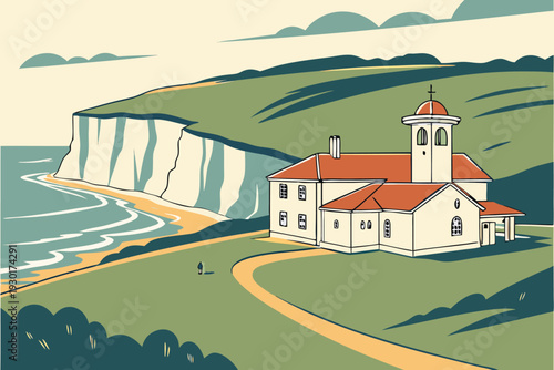 White church on green hill by sea cliff building