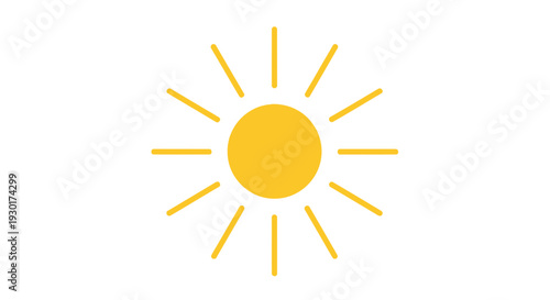 Bright Yellow Sun Icon with Rays on White Background, Summer Weather Symbol