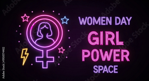 Neon girl power symbol with stars and lightning bolt on black background for women's day
