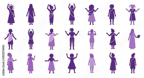 Collection of purple women in various poses and dresses on white background expressing emotions and actions