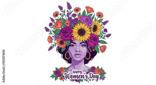 Vibrant women's day illustration of purple skinned woman with floral crown and gold earrings on white background