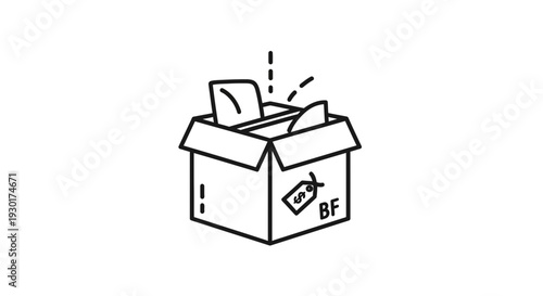 Black Friday Sale Box with Price Tag and Items