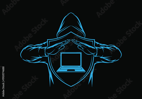 Cyber security hacker in hoodie with laptop and protective shield