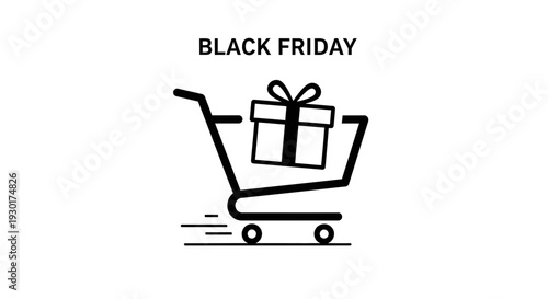 Black Friday Shopping Cart Icon with Gift Box, Online Shopping Concept