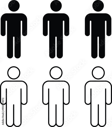 Three adults and three children standing in a row, depicted as simple icons. Vector