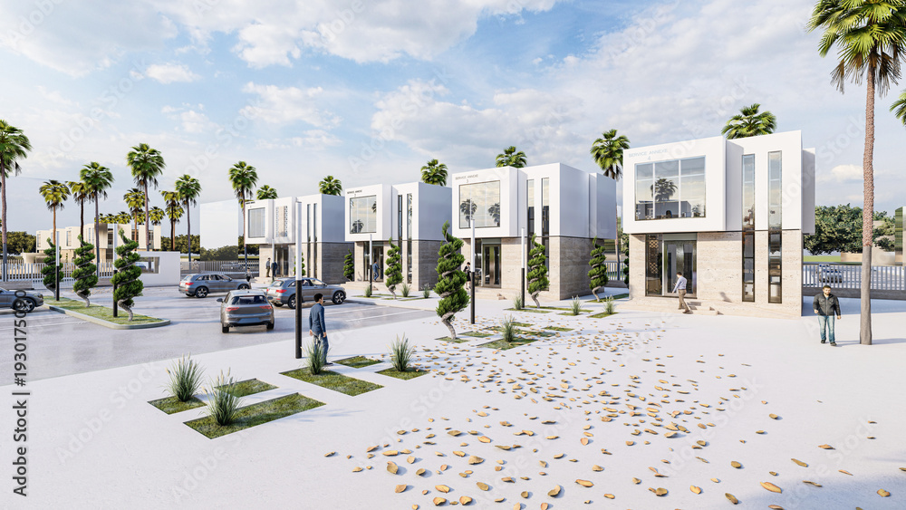 Fototapeta premium Modern Office Complex with Parking and Palm Trees – Contemporary 3D Architectural Rendering