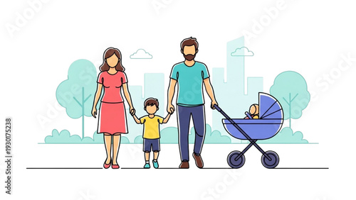 Family with young children walking together in a park on a sunny day