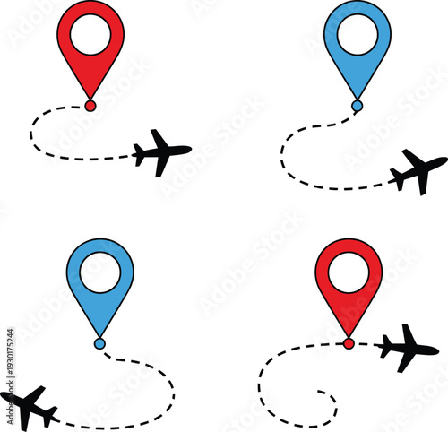 Four planes flying towards different colored location markers on a map. Vector