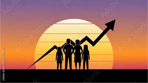 Silhouetted figures stand together as a graph arrow rises against a vibrant sunset backdrop with a large sun
