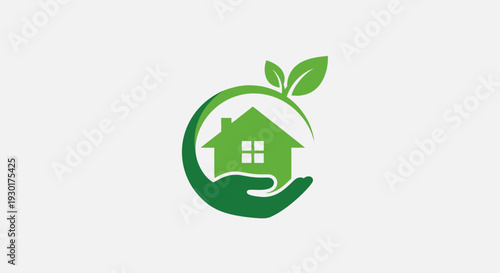 Eco Home Care Logo – Green House Hand Nature Vector Illustration