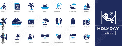 Holiday icon set. Contains blue solid icons related to plane, passport, hotel, palm tree, travel, beach, sunset, and more. Editable vector icon collection.