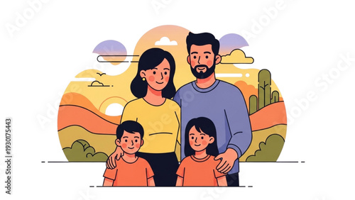 Family of four standing together in a desert landscape illustration