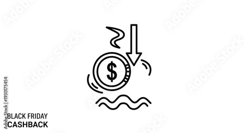 Black Friday Cashback Icon: Falling Coin with Dollar Sign and Discount Arrow