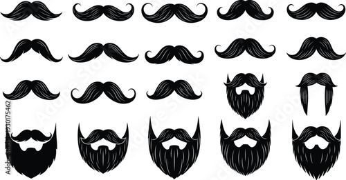 Vintage mustache and beard silhouette collection set of men facial hair styles vector