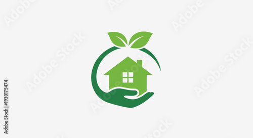 Eco Home Care Logo – Green House Hand Nature Vector Illustration