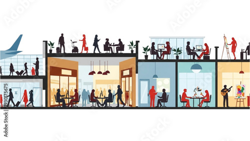 A bustling airport terminal with people walking and airplanes in the background viewed from the side