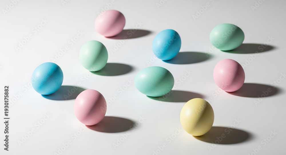 Fototapeta premium Easter background with colorful eggs on white surface
