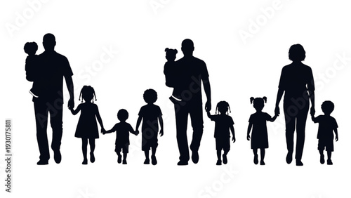 Diverse family silhouettes walking together with children in various poses and sizes