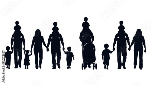 Family members holding hands and walking together with stroller in silhouette