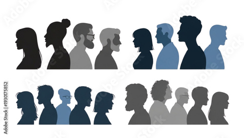 Diverse group of people silhouetted in various profiles against a clean background from different viewpoints
