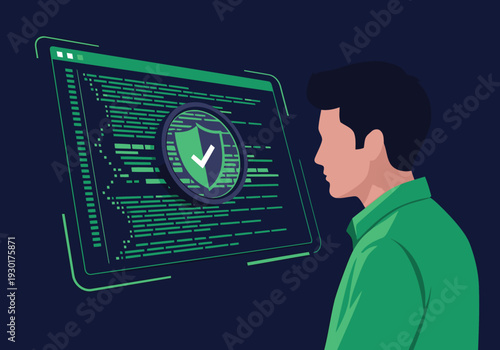 Software developer checking secure encrypted code on digital screen