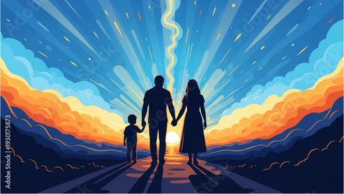 Family of three holding hands walking together on a road towards a vibrant sunset landscape with dramatic clouds and light rays