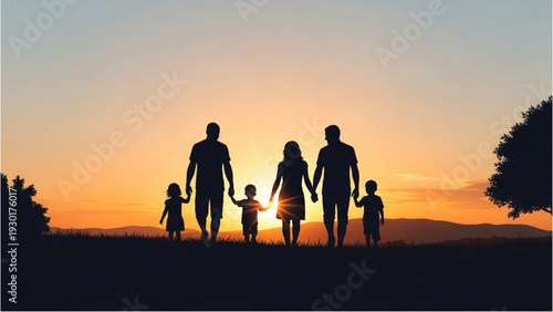Family of five holding hands walking together at sunset on a hill with trees in the background