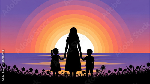 Family of three holding hands and watching the sunset over the ocean together