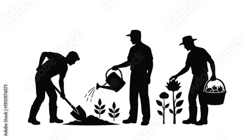 Silhouette Of Farmers Gardening And Harvesting Plants