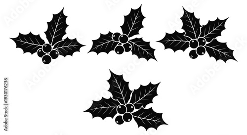 Simple black and white vector graphic illustration design of holly berries and leaves