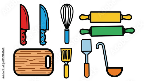 Colorful kitchen utensils and tools for cooking and baking