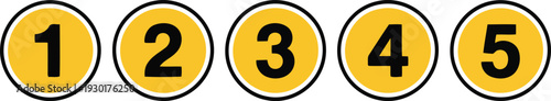 Five bright yellow circles with black numbers from one to five inside each. Vector
