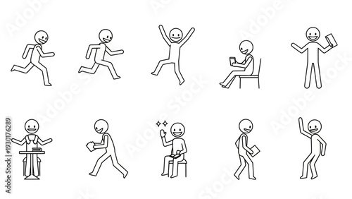 Set of stick figures in various dynamic poses and actions