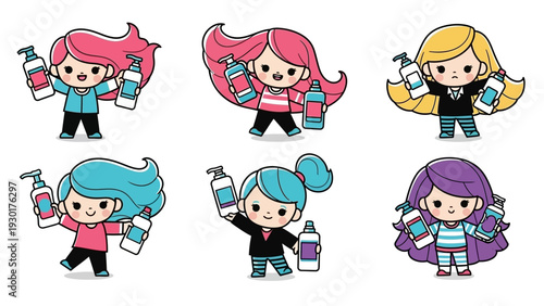 Cartoon girls holding colorful cosmetic bottles and skincare products