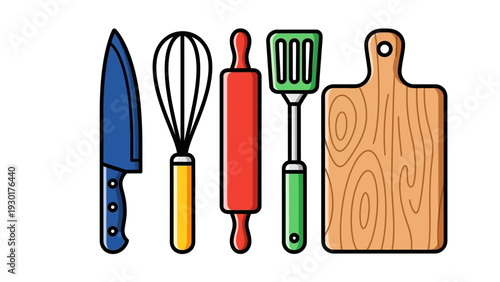 Colorful kitchen utensils for cooking and food preparation