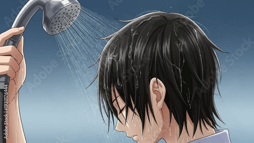 Man enjoying refreshing shower with water pouring down on head