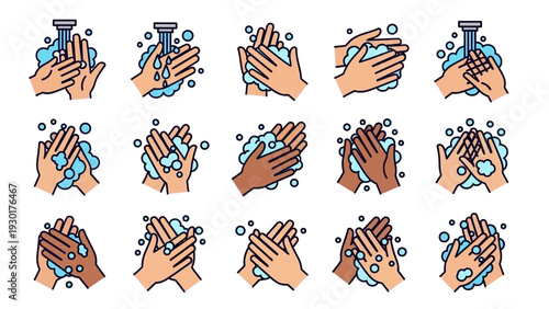 Diverse hands washing with soap and water in various steps