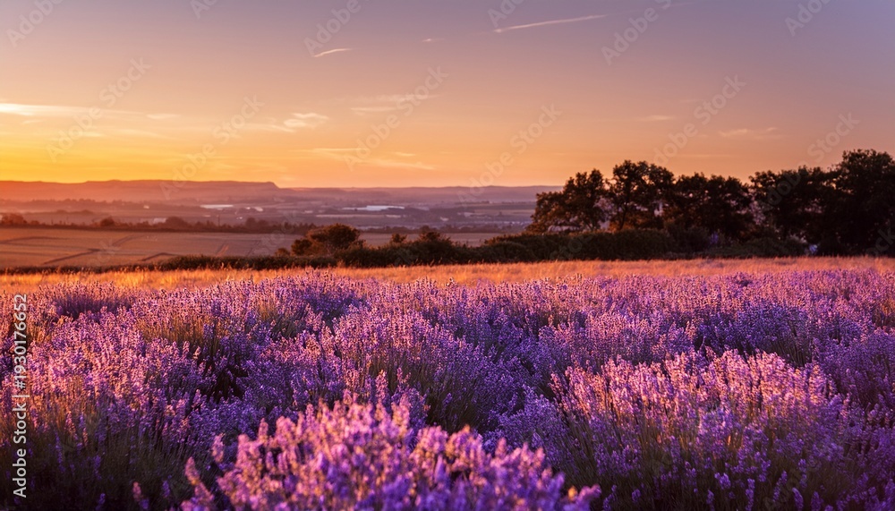 Fototapeta premium Lavender Field At Golden Hour N Purple Tones Blending With Warm Sunset Hues With Copy Space