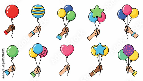 Colorful hands holding balloons in fun celebration