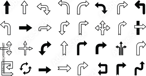 Collection of various black arrow icons showing different directions and turns on a white background.
