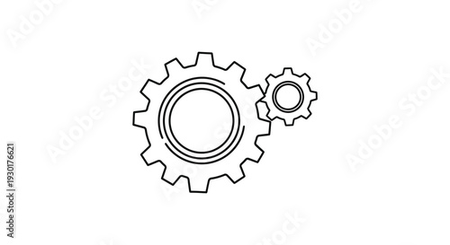 Minimalist vector illustration of two interlocking cogwheels representing teamwork and mechanical progress