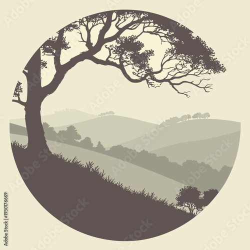Serene, sepia-toned circular landscape featuring a large silhouetted tree and distant rolling hills