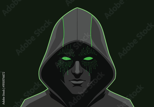 Stylized illustration of a hooded digital avatar with glowing eyes
