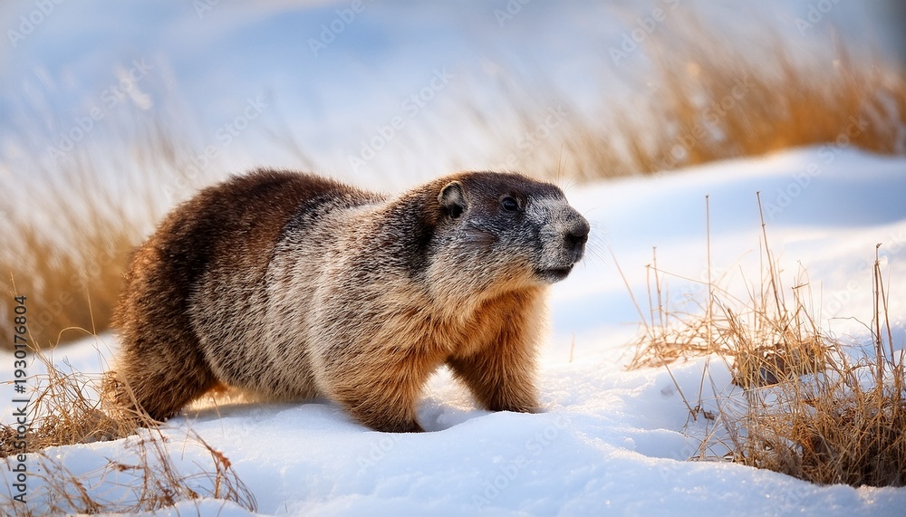 Obraz premium Groundhog Woodchuck Walking Through Fresh White Snow In A Winter Landscape With Dry Grass