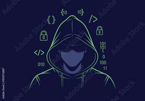 Minimalist graphic of a hooded figure with cyber security icons