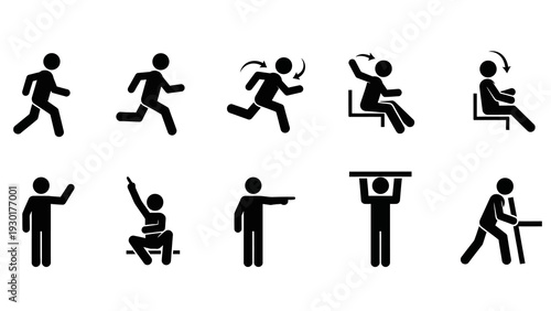 Stick figure illustrations depicting various human movements and actions in vector graphic design