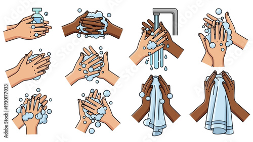 Hands washing and drying in various steps with soap and water