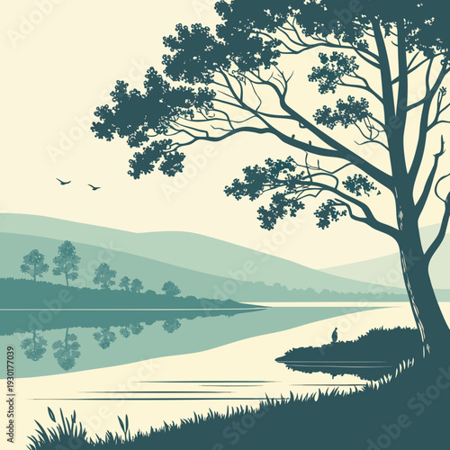 Calm lake at dawn with a lone bird on the shore, surrounded by silhouetted trees and hills