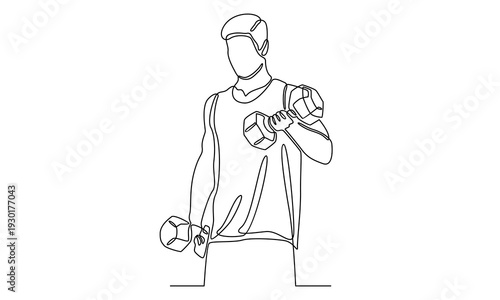 Continuous line of man holding a dumbbell
