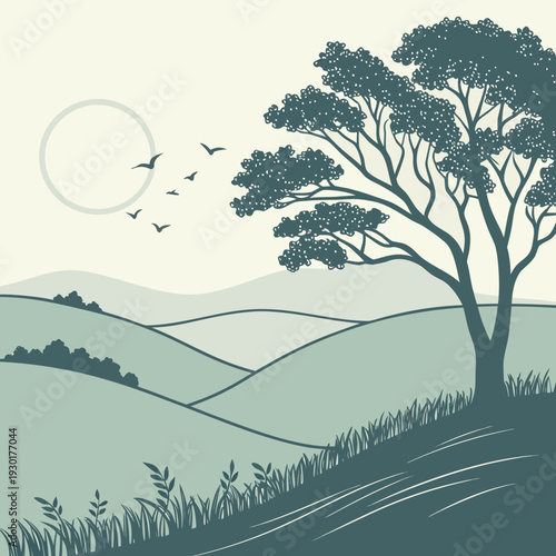 Stylized illustration of a lone tree against rolling hills and a circular sun with birds